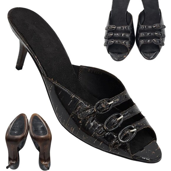 Donald J. Pliner Shoes - Donald Pliner Italy Womens 9.5 Black Patent Cork Open-toe Slide Dress Shoe Heels